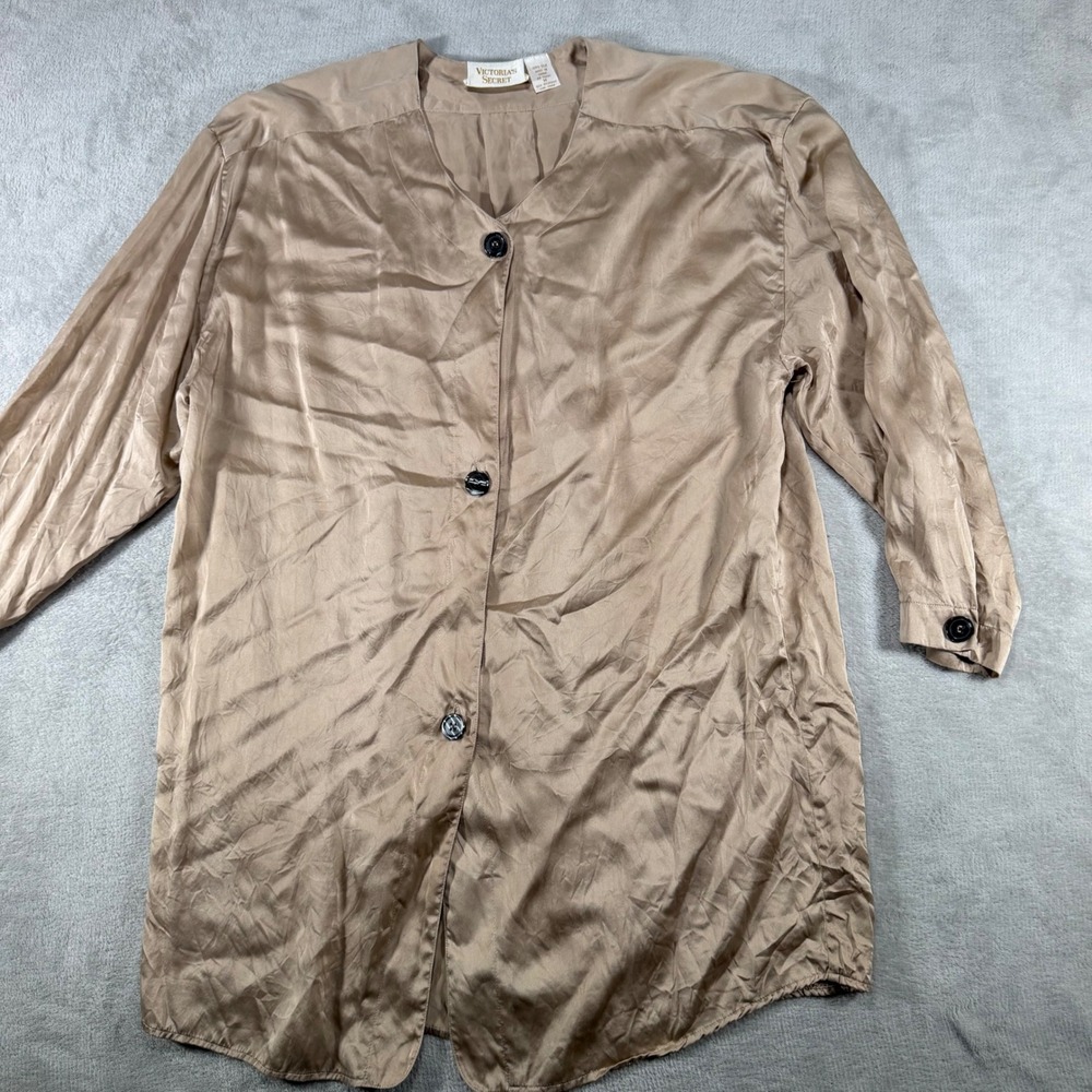 Victorias Secret Vintage Gold Label 100% Silk Sleep Shirt Button Front Taupe M